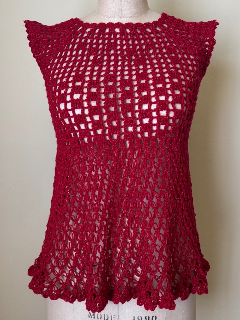 Vintage 00s Handmade Loose Crochet / Flutter Sleeve Knit / XXS / XS Red Babydoll